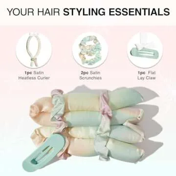 Kitsch Holiday Hair Hero XL Satin Heatless Styling & Flat Lay Claw - Heatless Curls & Waves, Extra Large Curling Rods, Satin Scrunchies & Claw Clip for Hair Protection & Comfort - 4 pcs set, Aura