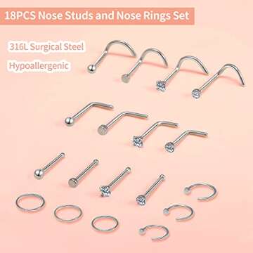 18PCS Surgical Steel Nose Ring Set with Hoops & Studs for Unique Body Jewelry