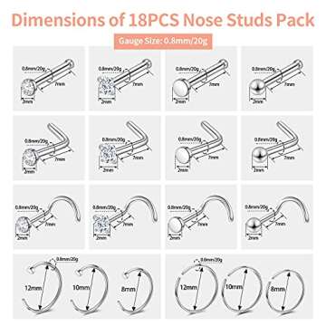 18PCS Nose Rings & Studs Set for Stylish Body Jewelry