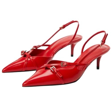 Yishaweiqi Slingback Kitten Heels for Women - Stylish Buckle Strap Red Pumps
