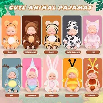 Hanaive 10 Pcs 4 Inch Mini Baby Dolls Lifelike Realistic Tiny Baby Dolls with Animal Clothes Cute Infant Figurine Gifts Set for Toddlers Girls Kids 3+ Graduation Birthday Easter(Lovely Style)