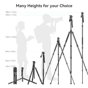 SmallRig CT180 Video Tripod, 72" Camera Tripod Monopod with Fluid Head, Aluminum Camera Tripod, 360° Panorama Fluid Head for Travel, Video, Live Streaming, Vlogging- 3760B