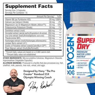 Evogen Super Dry - Premium Water Loss Matrix for Muscle Definition | Natural Diuretic Water Pills Supplement Supporting Water Weight Loss, Reduced Water Retention, & Bloating Relief | 45 Capsules