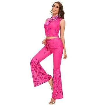 Poboola Pink Cowgirl Outfits for Women 70s 80s Costume Hippie Disco Flare Pant Halloween Costumes Co...