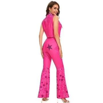 Poboola Pink Cowgirl Outfits for Women 70s 80s Costume Hippie Disco Flare Pant Halloween Costumes Cosplay M