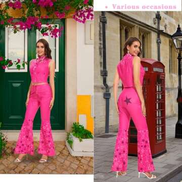 Poboola Pink Cowgirl Outfits for Women 70s 80s Costume Hippie Disco Flare Pant Halloween Costumes Cosplay M