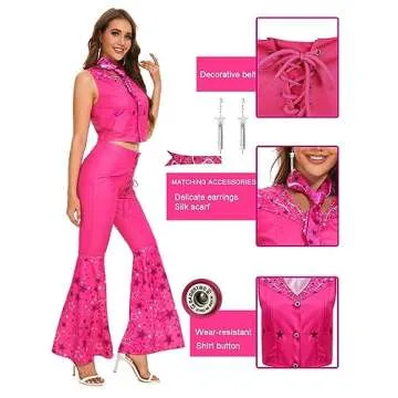 Poboola Pink Cowgirl Outfits for Women 70s 80s Costume Hippie Disco Flare Pant Halloween Costumes Cosplay M