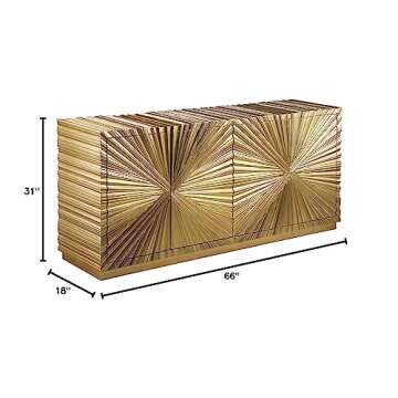 Meridian Furniture Golda Collection Modern | Contemporary Gold Leaf Sideboard/Buffet with Intricate Hand Carved Starburst Design, 66" W x 18" D x 31" H