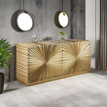 Meridian Furniture Golda Collection Modern | Contemporary Gold Leaf Sideboard/Buffet with Intricate Hand Carved Starburst Design, 66" W x 18" D x 31" H