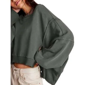 Zwurew Womens Crewneck Tops Crewneck Long Sleeve Sweatshirt Solid Color Cropped Sweatshirt Grey XXL