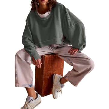 Zwurew Womens Crewneck Tops Crewneck Long Sleeve Sweatshirt Solid Color Cropped Sweatshirt Grey XXL