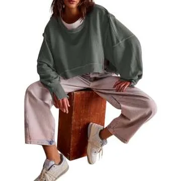 Zwurew Womens Crewneck Tops Crewneck Long Sleeve Sweatshirt Solid Color Cropped Sweatshirt Grey XXL