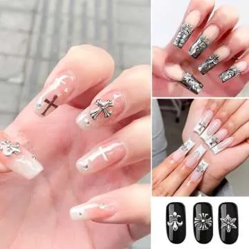 Cross Nail Charm Silver, Nail Accessories Charms, Cross Nail Charms for Acrylic Nails, Silver Cross Charms for Nails, Nail Art Supplies for DIY Nail Decorations (Retro Silver)