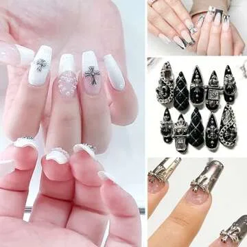 Cross Nail Charm Silver, Nail Accessories Charms, Cross Nail Charms for Acrylic Nails, Silver Cross Charms for Nails, Nail Art Supplies for DIY Nail Decorations (Retro Silver)