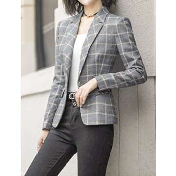 ZingineW Women's Blazer Long Sleeve Jacket One Button Office Cardigan Casual Plaid Blazers Gray Plaid 2XL