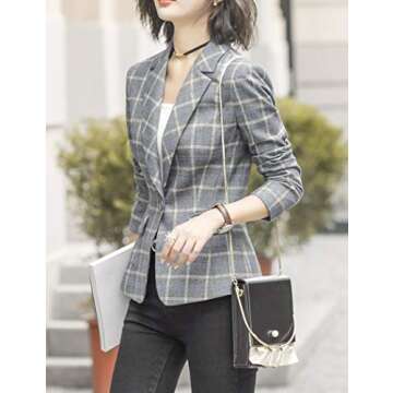 ZingineW Women's Blazer Long Sleeve Jacket One Button Office Cardigan Casual Plaid Blazers Gray Plaid 2XL