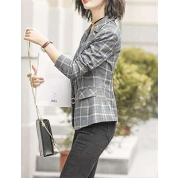 ZingineW Women's Blazer Long Sleeve Jacket One Button Office Cardigan Casual Plaid Blazers Gray Plaid 2XL