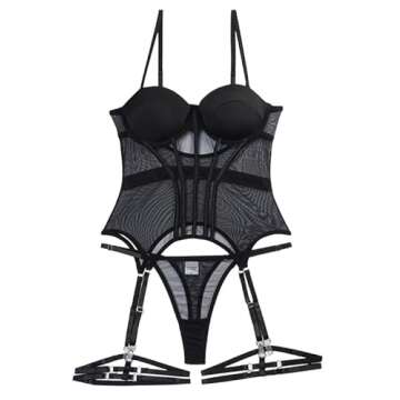 Lilosy Sexy Strappy Garter Belt Underwire Push Up Mesh Sheer Babydoll Lingerie Women Teddy Bodysuit Corset Bustier Chemise Nightgown Nightshirt See Through 2 Piece Black Medium