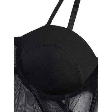 Lilosy Sexy Strappy Garter Belt Underwire Push Up Mesh Sheer Babydoll Lingerie Women Teddy Bodysuit Corset Bustier Chemise Nightgown Nightshirt See Through 2 Piece Black Medium