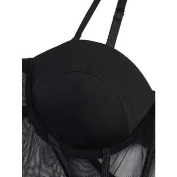 Lilosy Sexy Strappy Garter Belt Underwire Push Up Mesh Sheer Babydoll Lingerie Women Teddy Bodysuit Corset Bustier Chemise Nightgown Nightshirt See Through 2 Piece Black Medium