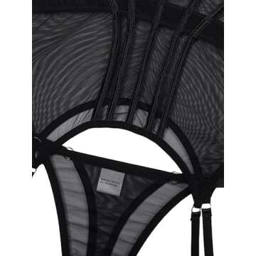 Lilosy Sexy Strappy Garter Belt Underwire Push Up Mesh Sheer Babydoll Lingerie Women Teddy Bodysuit Corset Bustier Chemise Nightgown Nightshirt See Through 2 Piece Black Medium