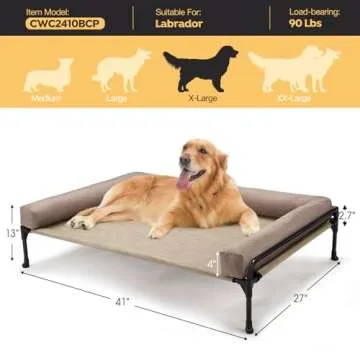 Veehoo Elevated Raised Dog Bed-Cooling Outdoor Dog Cot Bed for Large Sized Dogs Three-Sided Fence Raised Pet Cot with Mesh & No-Slip Feet Dog Hammock Bed with Removable Bolster-41 x 27" Beige Coffee