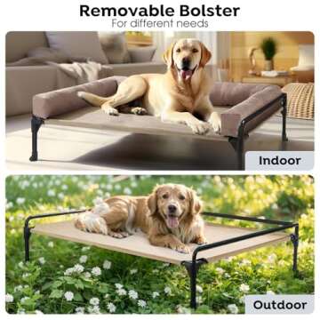 Veehoo Elevated Raised Dog Bed-Cooling Outdoor Dog Cot Bed for Large Sized Dogs Three-Sided Fence Raised Pet Cot with Mesh & No-Slip Feet Dog Hammock Bed with Removable Bolster-41 x 27" Beige Coffee