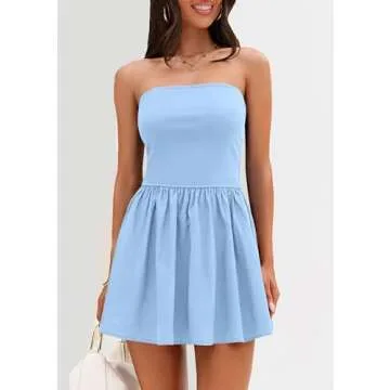 PRETTYGARDEN Women's Summer Strapless Mini Party Dress 2025 Casual Tube Top Ruffle A Line Short Patchwork Sundresses (Light Blue,Medium)