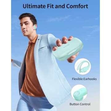 PocBuds Bluetooth Headphones Wireless Earbuds 80hrs Playtime Wireless Charging Case Digital Display Sport Ear buds with Earhook Deep Bass IPX7 Waterproof Over-Ear Earphones for Phone Laptop Mint Green