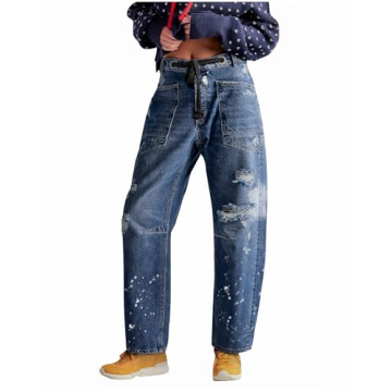 LifeShe Women's Baggy Barrel Jeans Casual Boyfriend Mid Rise Drawstring Wide Leg Denim Pants