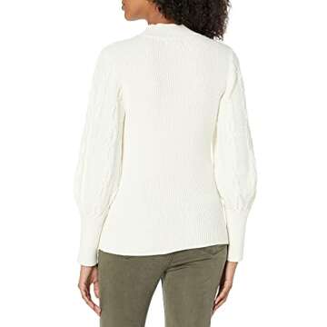 Cable Stitch Women's Cable Sleeve Ribbed Sweater - Mock Neck Long Blouson Lantern Sleeve Pullover Top (Small, Birch White)