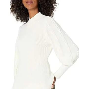 Cable Stitch Women's Cable Sleeve Ribbed Sweater - Mock Neck Long Blouson Lantern Sleeve Pullover Top (Small, Birch White)