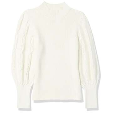 Cable Stitch Women's Cable Sleeve Ribbed Sweater - Mock Neck Long Blouson Lantern Sleeve Pullover Top (Small, Birch White)