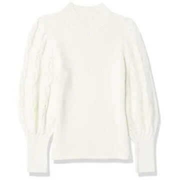 Cable Stitch Women's Cable Sleeve Ribbed Sweater - Mock Neck Long Blouson Lantern Sleeve Pullover Top (Small, Birch White)