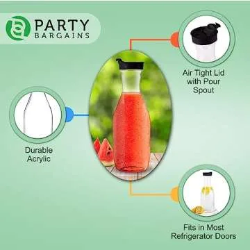 Party Bargains 50 oz. Plastic Carafe with Lids - Clear, 3 Count, Black Flip Tab Lid Premium Quality & Heavy Duty Plastic Pitcher for Iced Tea, Powdered Juice, Cold Beverages, Mimosa Bar