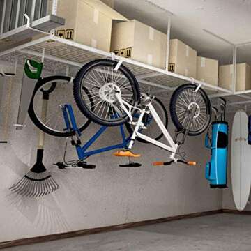 FLEXIMOUNTS Heavy Duty 4x8 Overhead Garage Storage Rack, 600lbs Capacity, Adjustable White Design