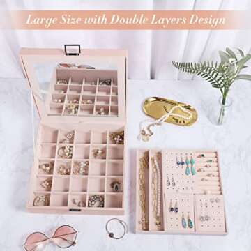 Tikea Jewelry Box Organizer for Women, 2 Layers Large Earrings Organizer with Mirror, PU Leather Jewelry Box 39 Slots Display Storage Case for Earrings Rings Necklaces Bracelets, Pink