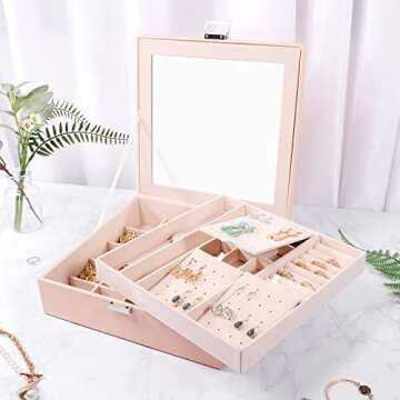 Tikea Jewelry Box Organizer for Women, 2 Layers Large Earrings Organizer with Mirror, PU Leather Jewelry Box 39 Slots Display Storage Case for Earrings Rings Necklaces Bracelets, Pink