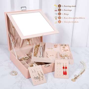 Tikea Jewelry Box Organizer for Women, 2 Layers Large Earrings Organizer with Mirror, PU Leather Jewelry Box 39 Slots Display Storage Case for Earrings Rings Necklaces Bracelets, Pink