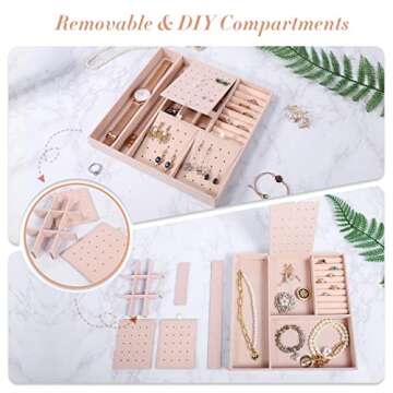 Tikea Jewelry Box Organizer for Women, 2 Layers Large Earrings Organizer with Mirror, PU Leather Jewelry Box 39 Slots Display Storage Case for Earrings Rings Necklaces Bracelets, Pink