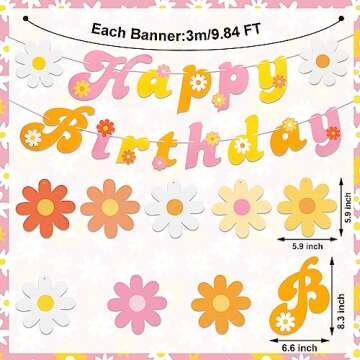 26 PCS Groovy Party Banners Boho Happy Birthday Party Decorations Daisy Flower Hanging Swirls Retro ...