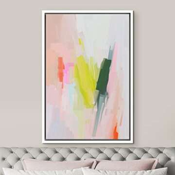 MUDECOR Framed Canvas Print Wall Art Pastel Green, Yellow & Pink Color Field Abstract Shapes Watercolor Modern Art Contemporary Multicolor Ultra for Living Room, Bedroom, Office - 24"x36" White