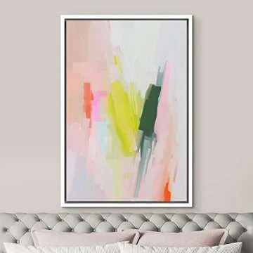 MUDECOR Framed Canvas Print Wall Art Pastel Green, Yellow & Pink Color Field Abstract Shapes Watercolor Modern Art Contemporary Multicolor Ultra for Living Room, Bedroom, Office - 24"x36" White