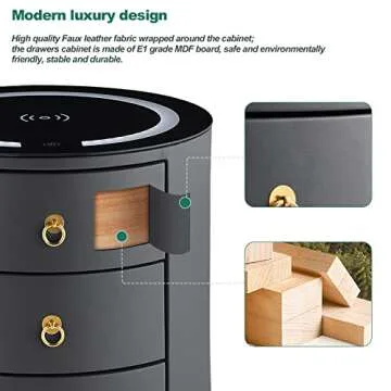 CLIPOP Set of 2 Modern Nightstand with 3 Drawers, Smart Nightstands with Wireless Charging Station, Adjustable Led Light, Faux Leather Surface Bedside Table No Assembly, Dark Grey