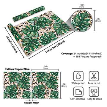 CRE8TIVE 24"x118" Wide Tropical Monstera Leaf Peel and Stick Wallpaper Removable Green Plant Jungle ...