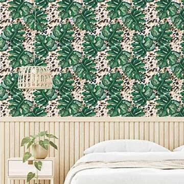 CRE8TIVE 24"x118" Wide Tropical Monstera Leaf Peel and Stick Wallpaper Removable Green Plant Jungle Botanical Wallpaper Self Adhesive Leopard Vinyl Contact Paper for Bathroom Bedroom Cabinets Decor
