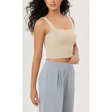 ODODOS 3-Pack Seamless Square Neck Crop Tank for Women Ribbed Knit Soft Low Back Cropped Tops, Long Crop Length, Brunette+Oatmeal+Taupe, X-Large/XX-Large