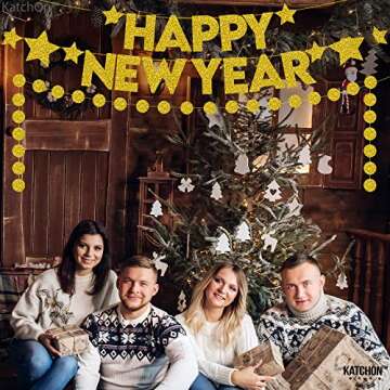 KatchOn Gold Happy New Year Banner - Pre-Strung & Reusable