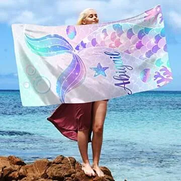 SearchI Personalized Beach Towel,Custom Name Beach Towel,Sand Free Microfiber Towels Custom Gifts with Name for Travel Beach Pool Bath Quick Dry Towel Blanket for Kids Adults 30''x60''(Mermaid)