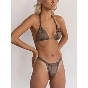 geluboao Womens Thong Bikini Sexy Srting Bathing Suit Brazilian Thongs Tanning Swimwear 2 Peice Swimsuits Coffee S